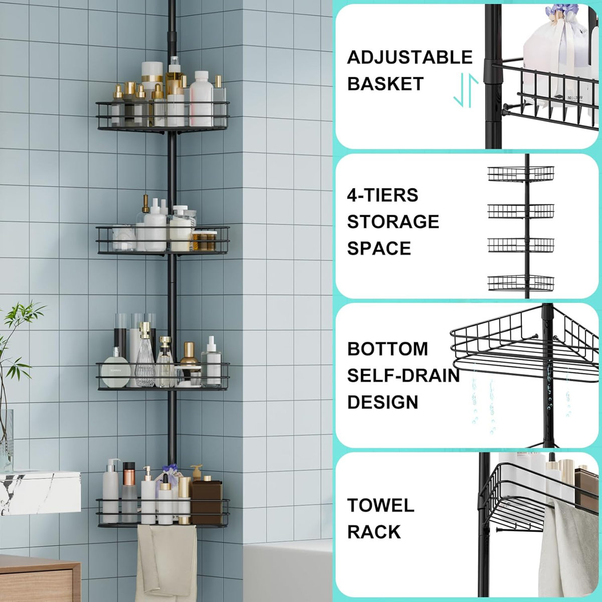 Rebrilliant Tension Pole Shower Caddy, Corner Shower Caddies with 4 ...